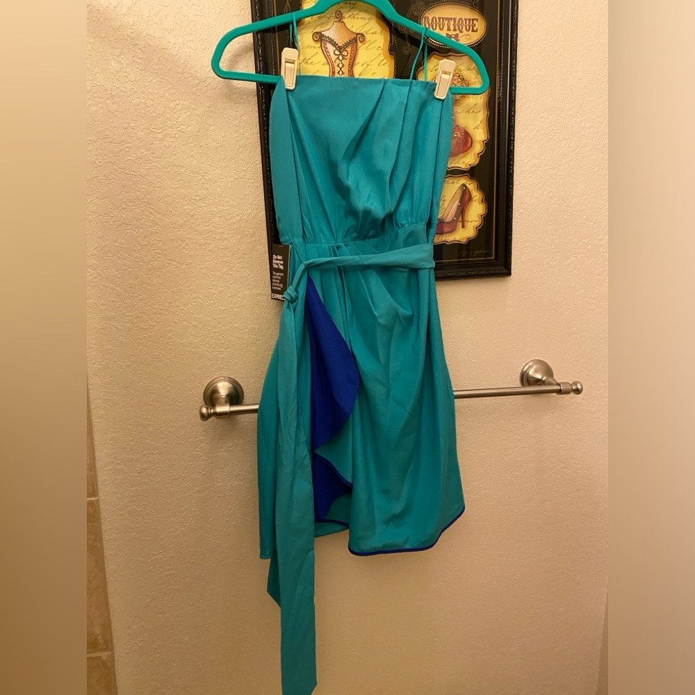 Strapless Express turquoise dress with side zipper. Wrap around tie. Size 10 - Picture 2 of 6